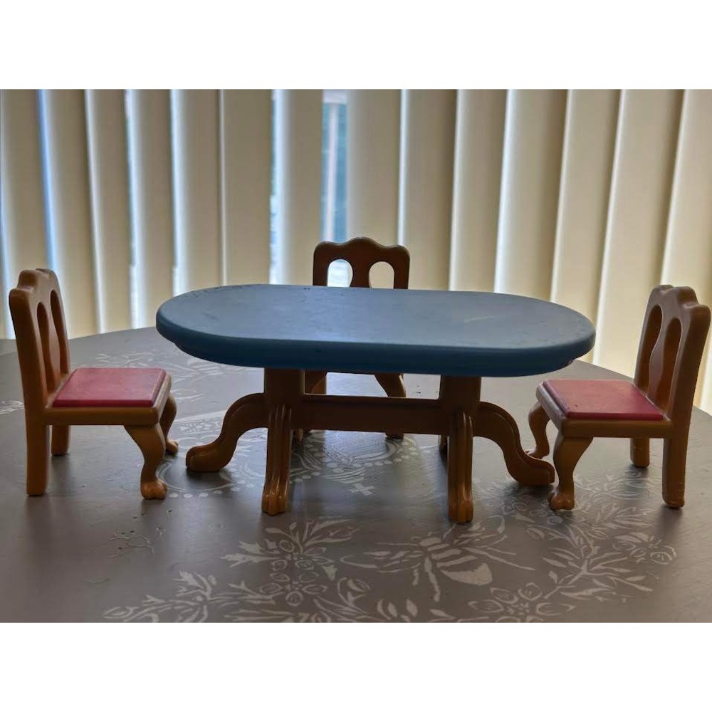 Vintage Little Tikes Dollhouse Furniture Blue Mansion Dining Table and 3 Chairs